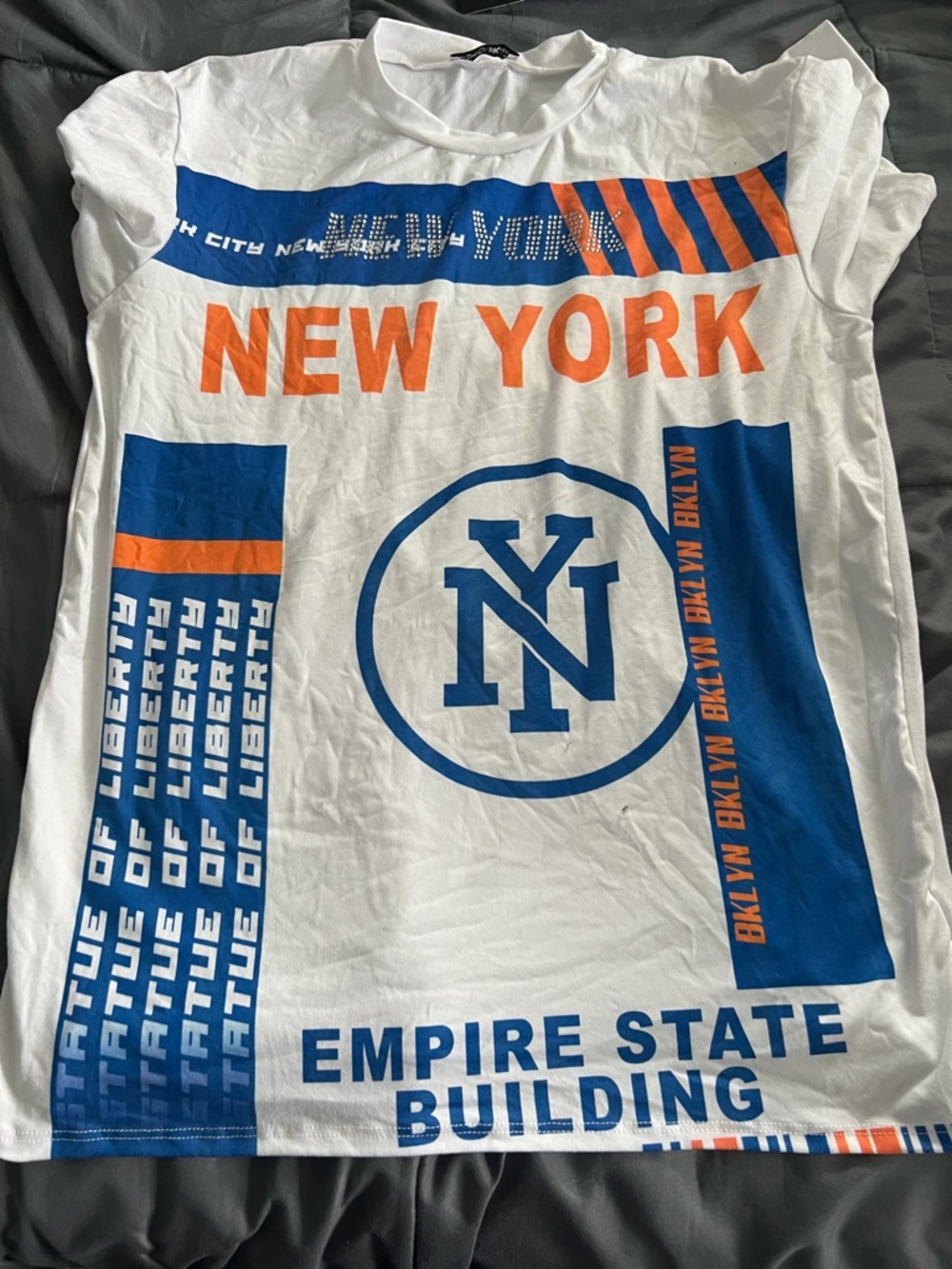 Fashion Nova White Tee with Blue Stripe & Orange Print